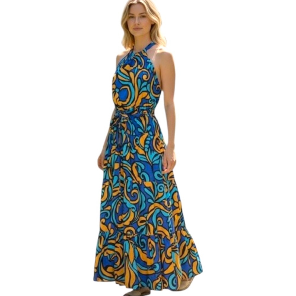 Zara Blue Maxi Dress Orange Sz S Halter Neck Layered Belted Cotton Art Print